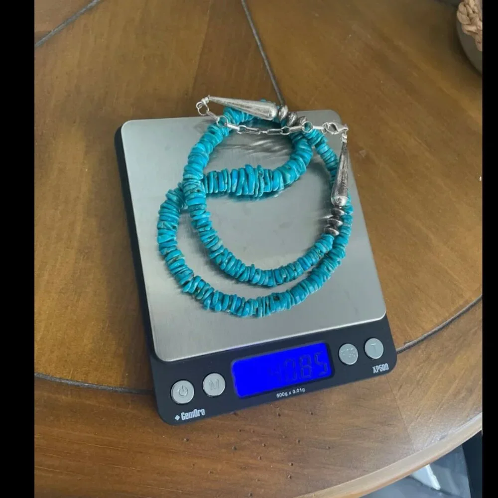 Turquoise Stacked Stone Chip Heishi Necklace w/ Sterling Silver Chain Clasp - Picture 4 of 4